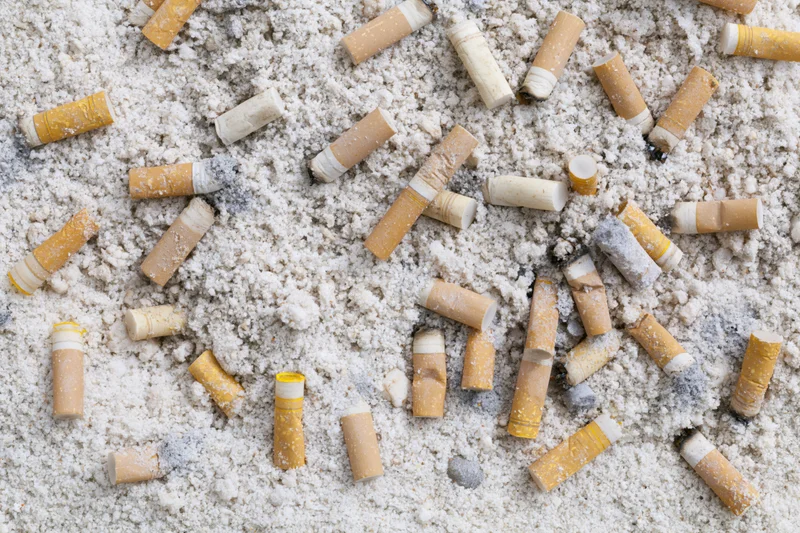 Cigarette butts scattered and half-buried in sand on a beach