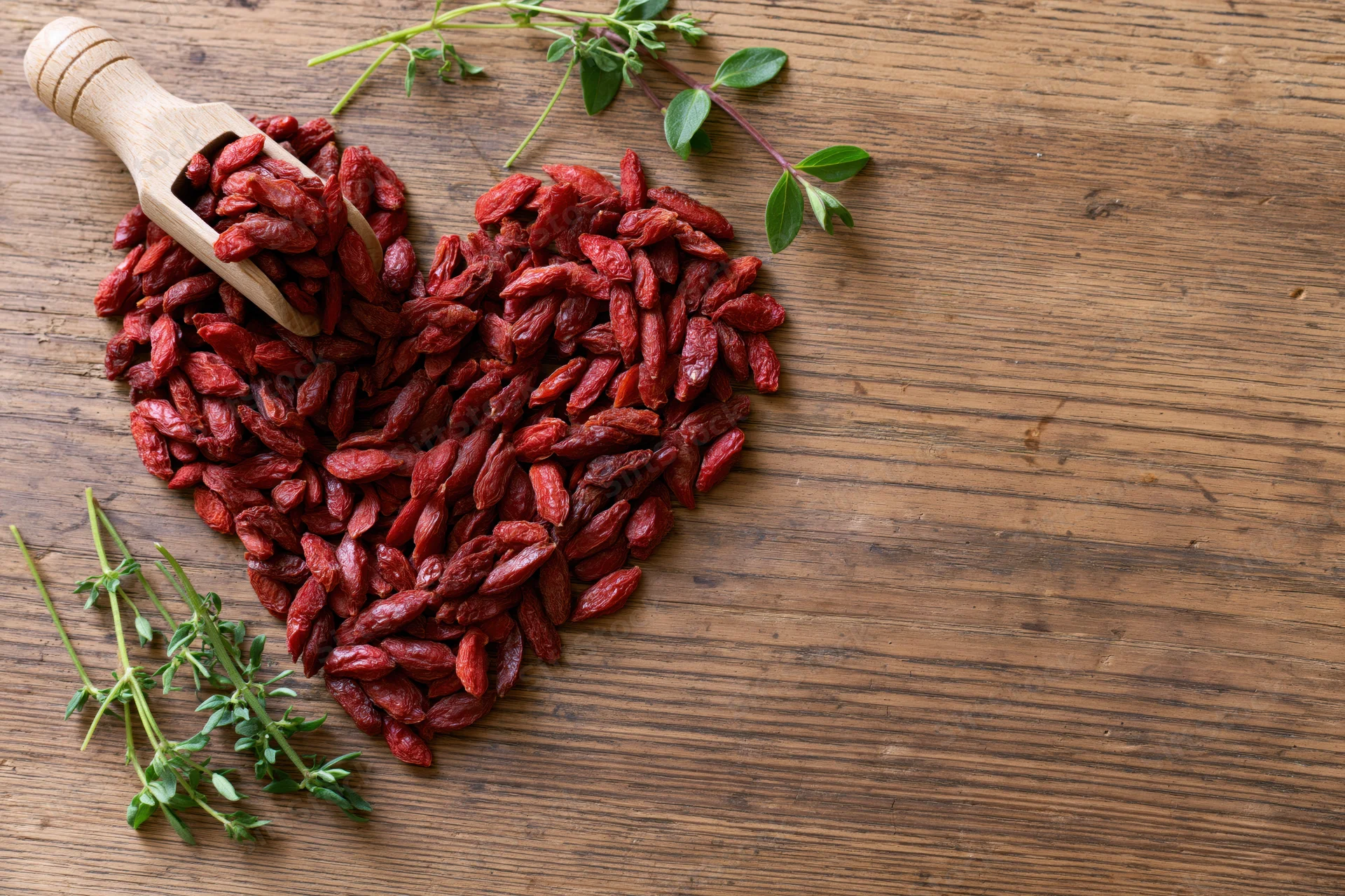 Dried goji berries arranged in heart shape on rustic wooden table with thyme sprigs