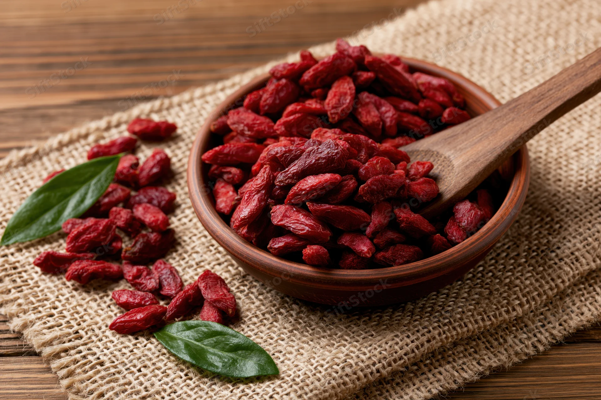 Dried goji berries in a rustic clay bowl with wooden spoon on burlap over wood table