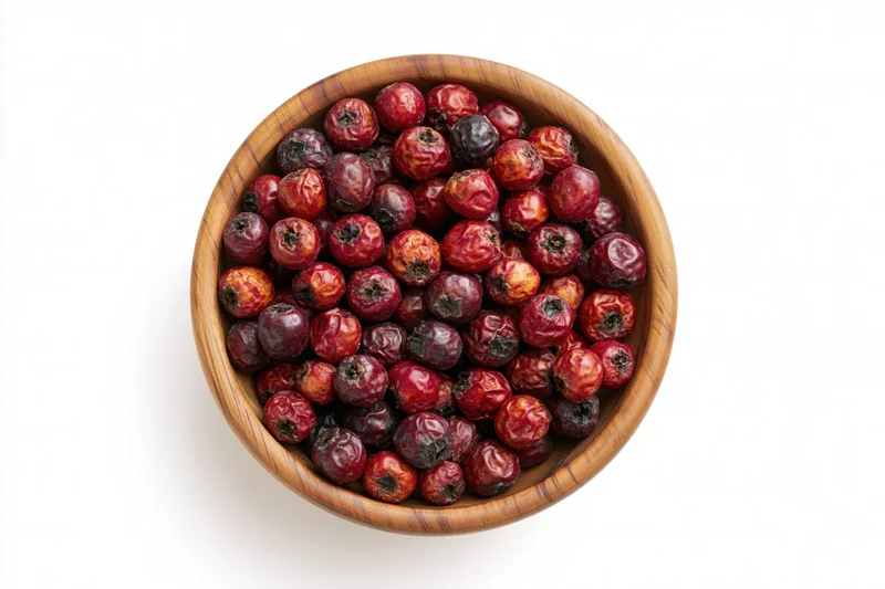 Dried hawthorn berries in a small wooden bowl on white background