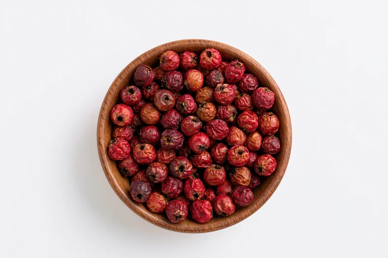 Dried red hawthorn berries in a wooden bowl on white background