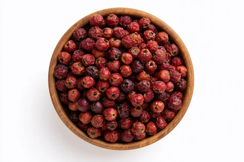 Dried red hawthorn berries in a small round wooden bowl on white background
