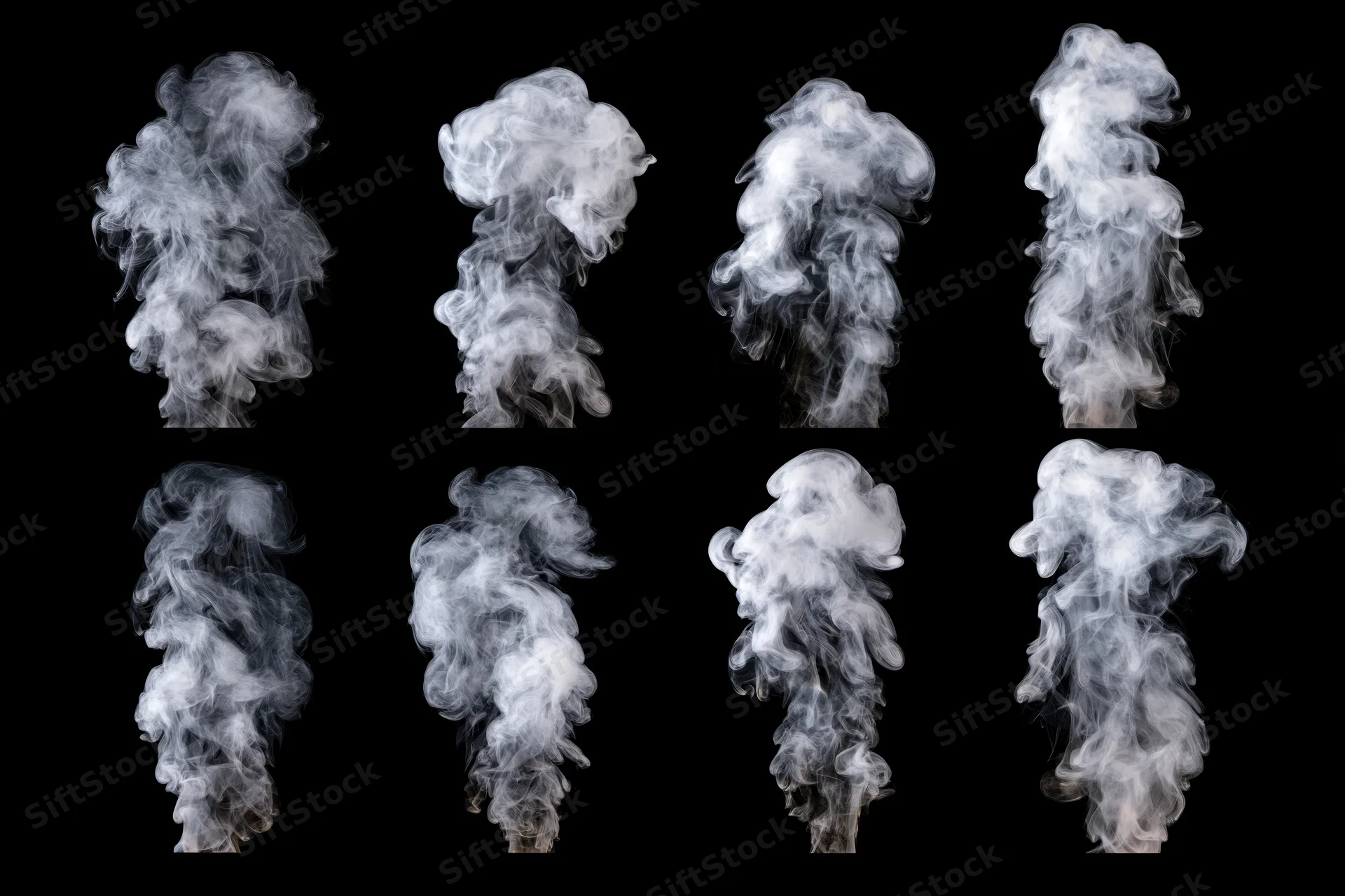 Eight white smoke plumes arranged in a grid on black background