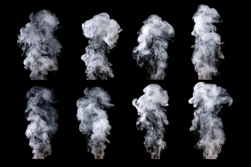 Eight white smoke plumes arranged in a grid on black background