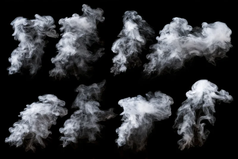 Eight white smoke plumes arranged in a grid on black background