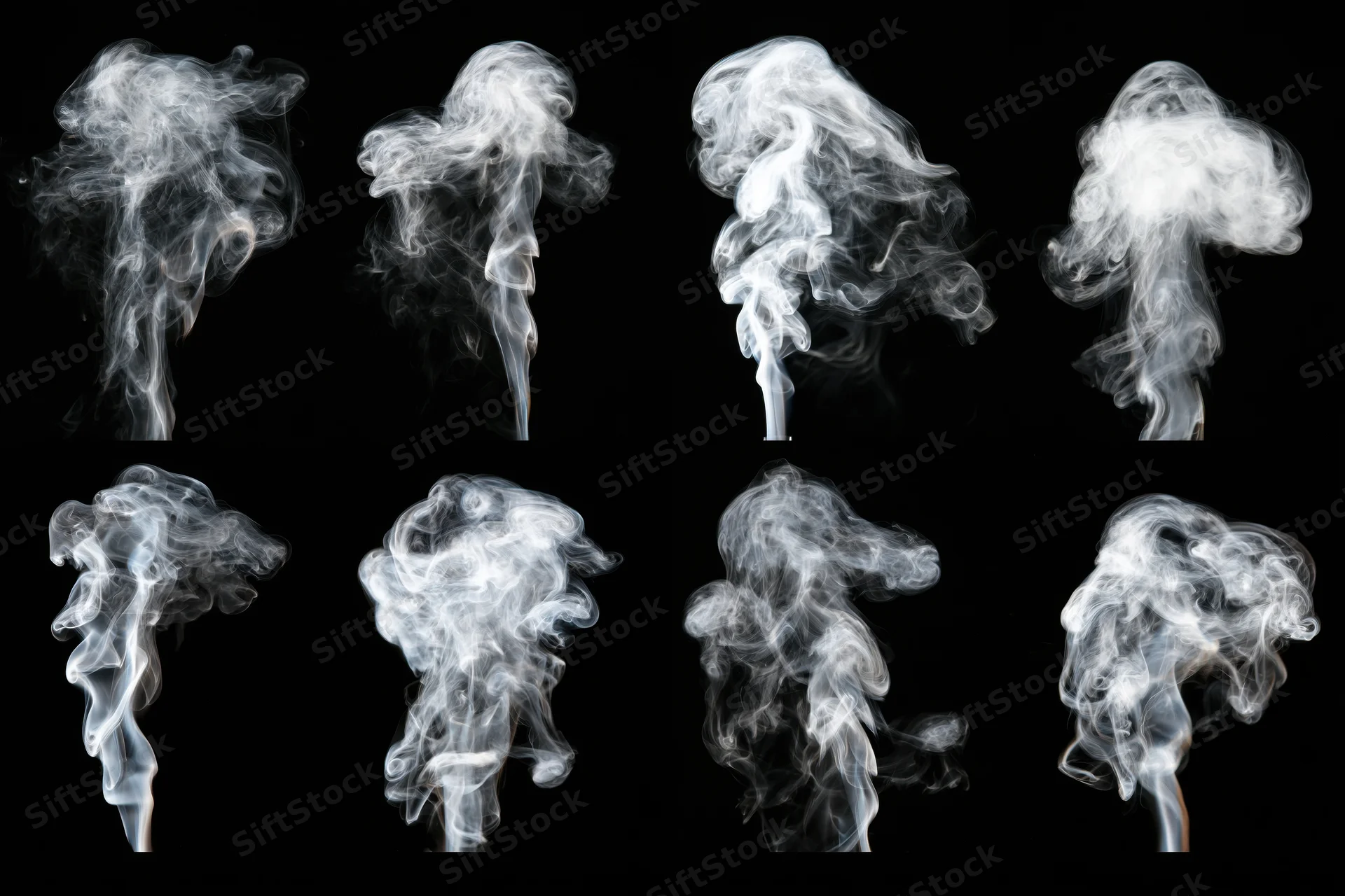 Eight white smoke plumes rising and swirling against a black background