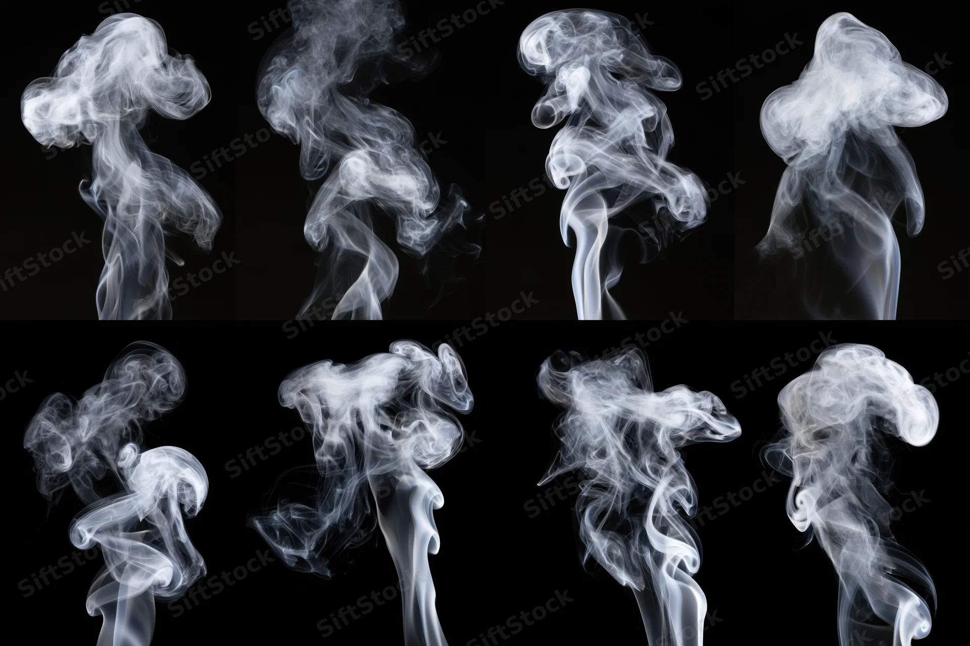 Eight white smoke plumes rising and swirling in a grid against black background
