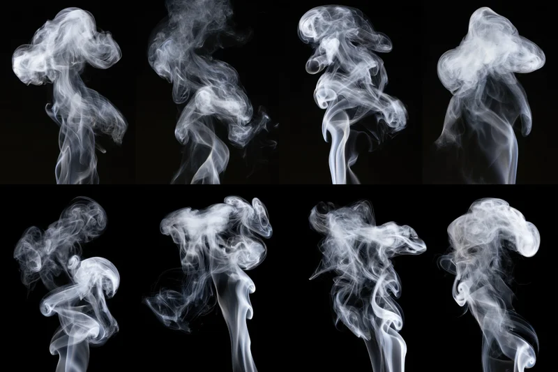 Eight white smoke plumes rising and swirling in a grid against black background