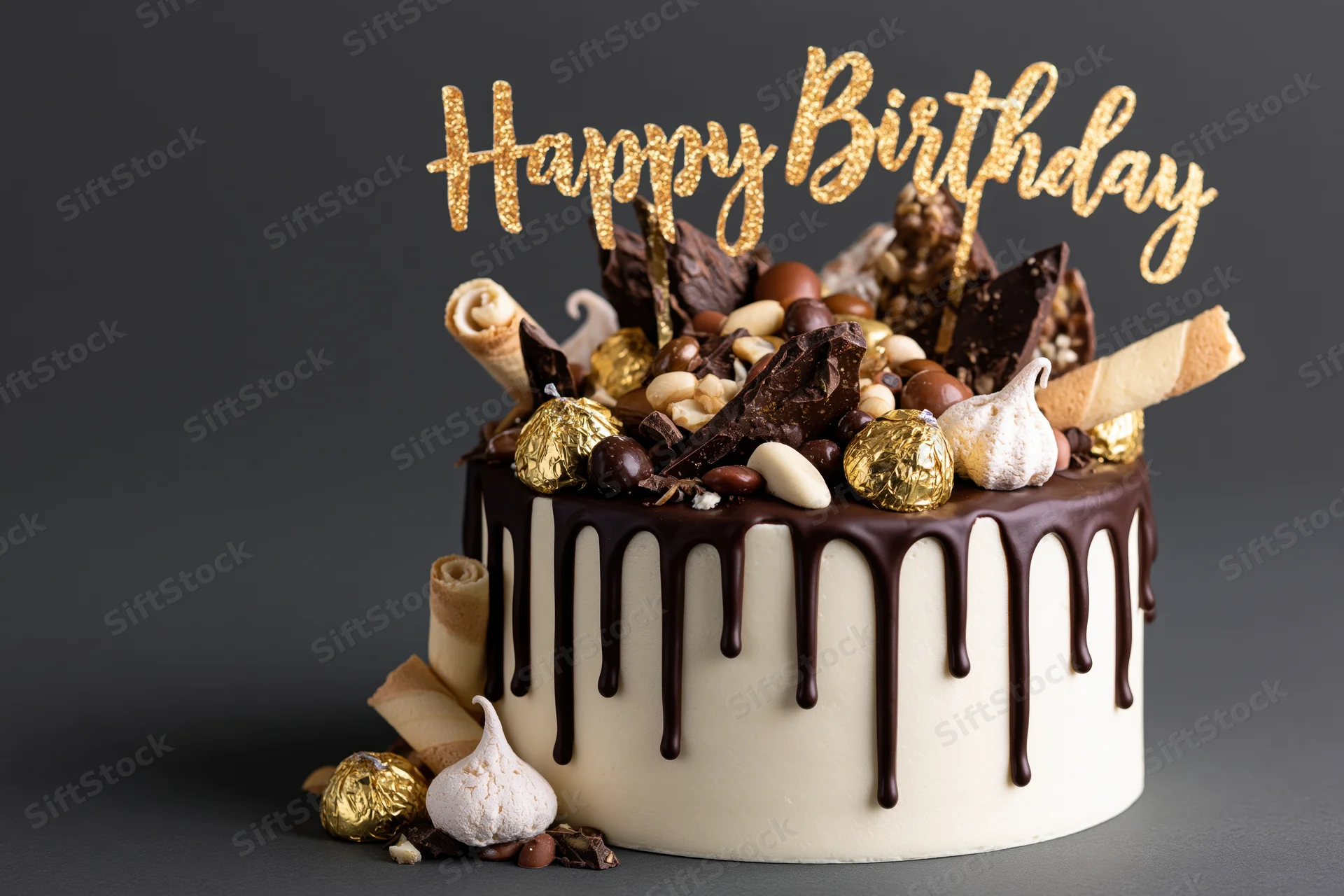 Chocolate drip birthday cake with gold topper and assorted candies on dark surface