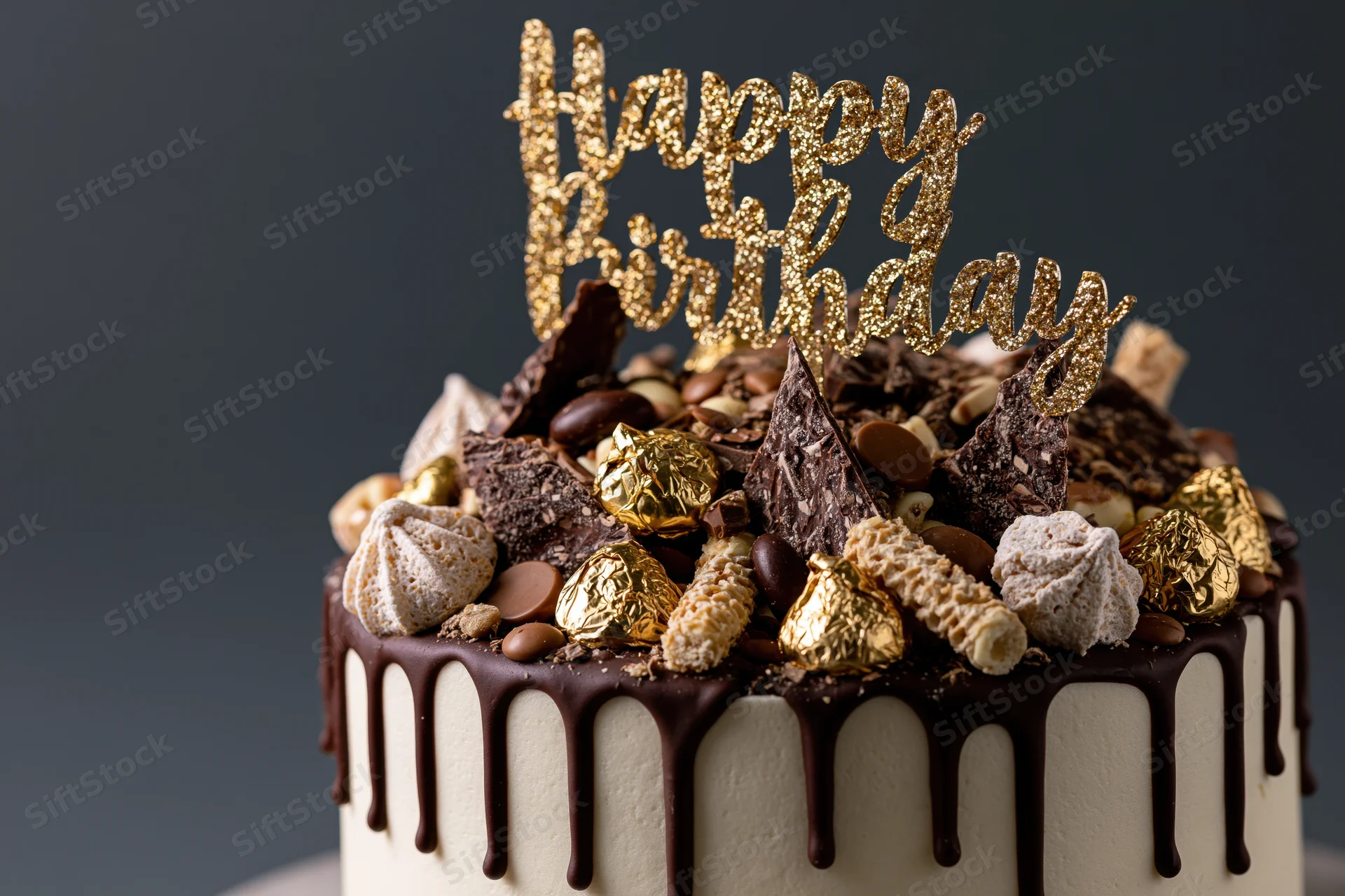 Chocolate drip birthday cake topped with gold glitter topper and assorted candies