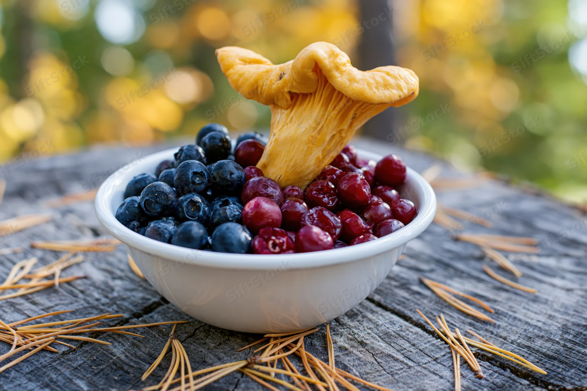 White bowl filled with blueberries and lingonberries with a chanterelle mushroom on a weathered wooden table outdoors in autumn forest