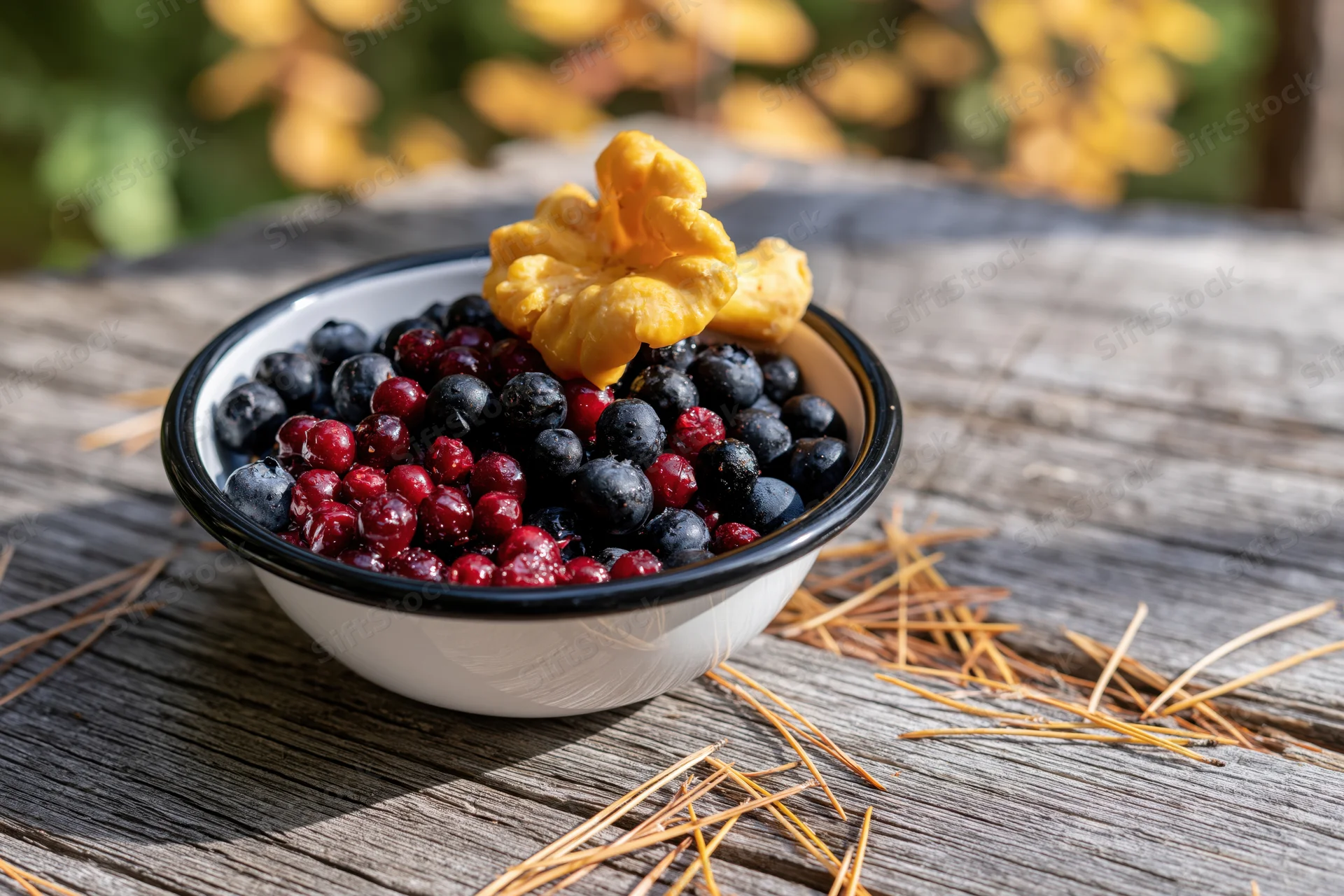 Enamel bowl filled with wild blueberries and red lingonberries on a weathered wooden table outdoors