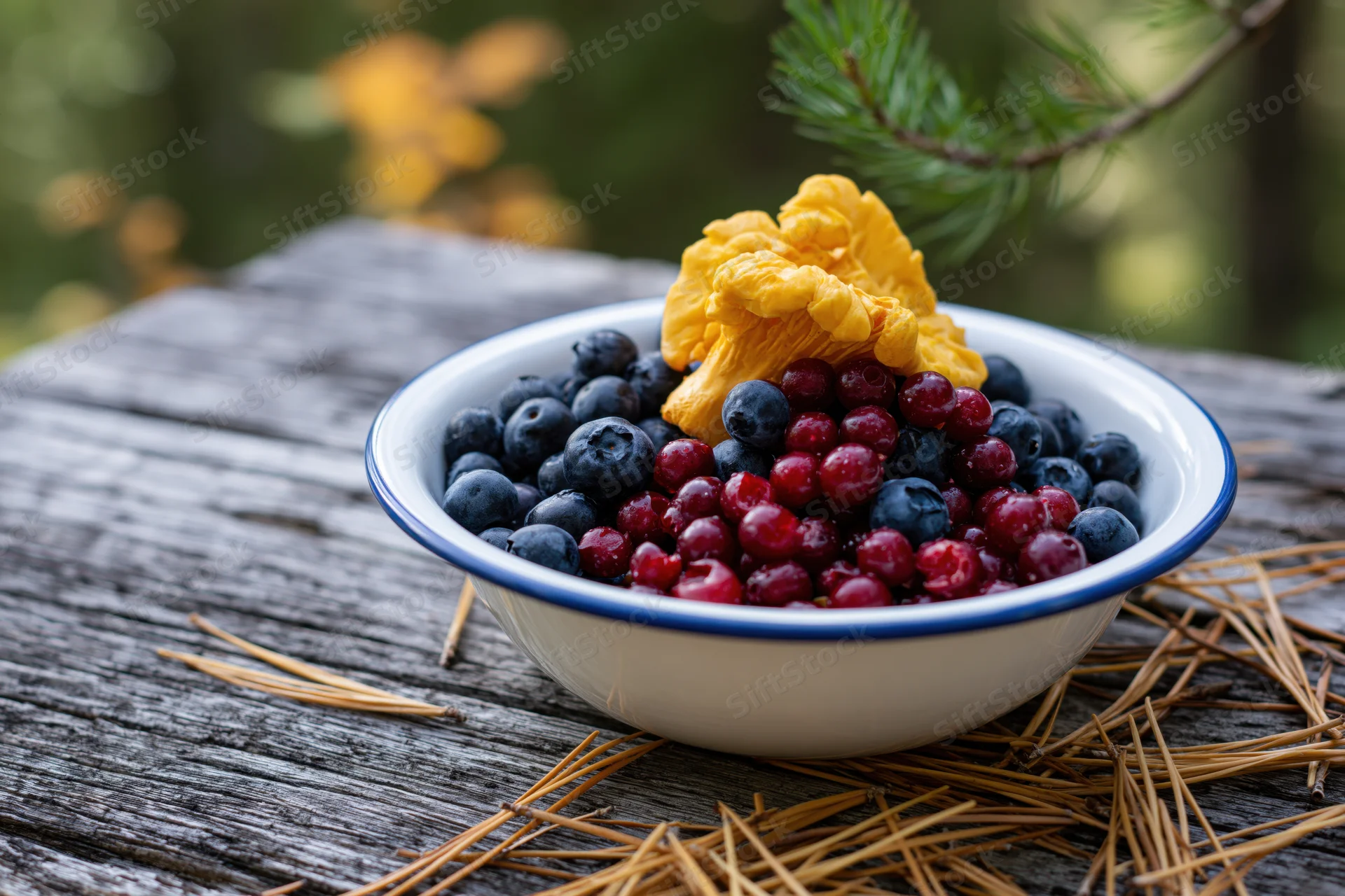 Enamel bowl filled with wild blueberries and red lingonberries topped with a chanterelle mushroom on a weathered wooden table outdoors in a forest setting
