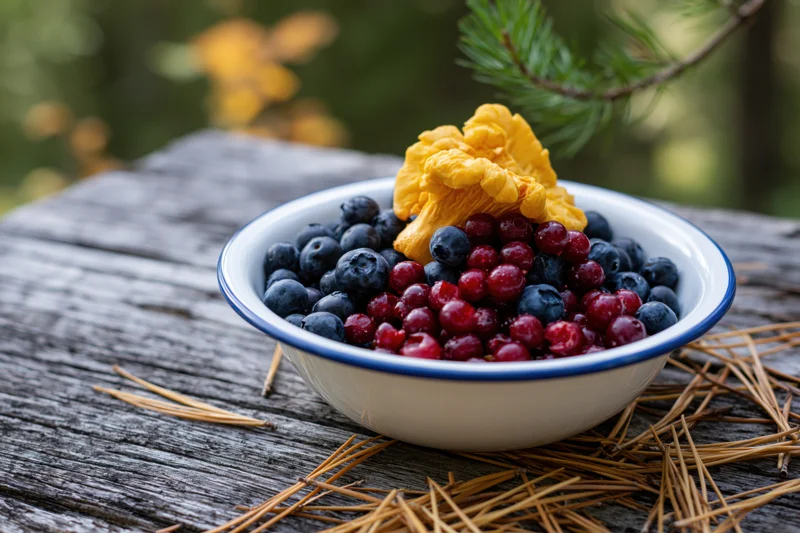 Enamel bowl filled with wild blueberries and red lingonberries topped with a chanterelle mushroom on a weathered wooden table outdoors in a forest setting