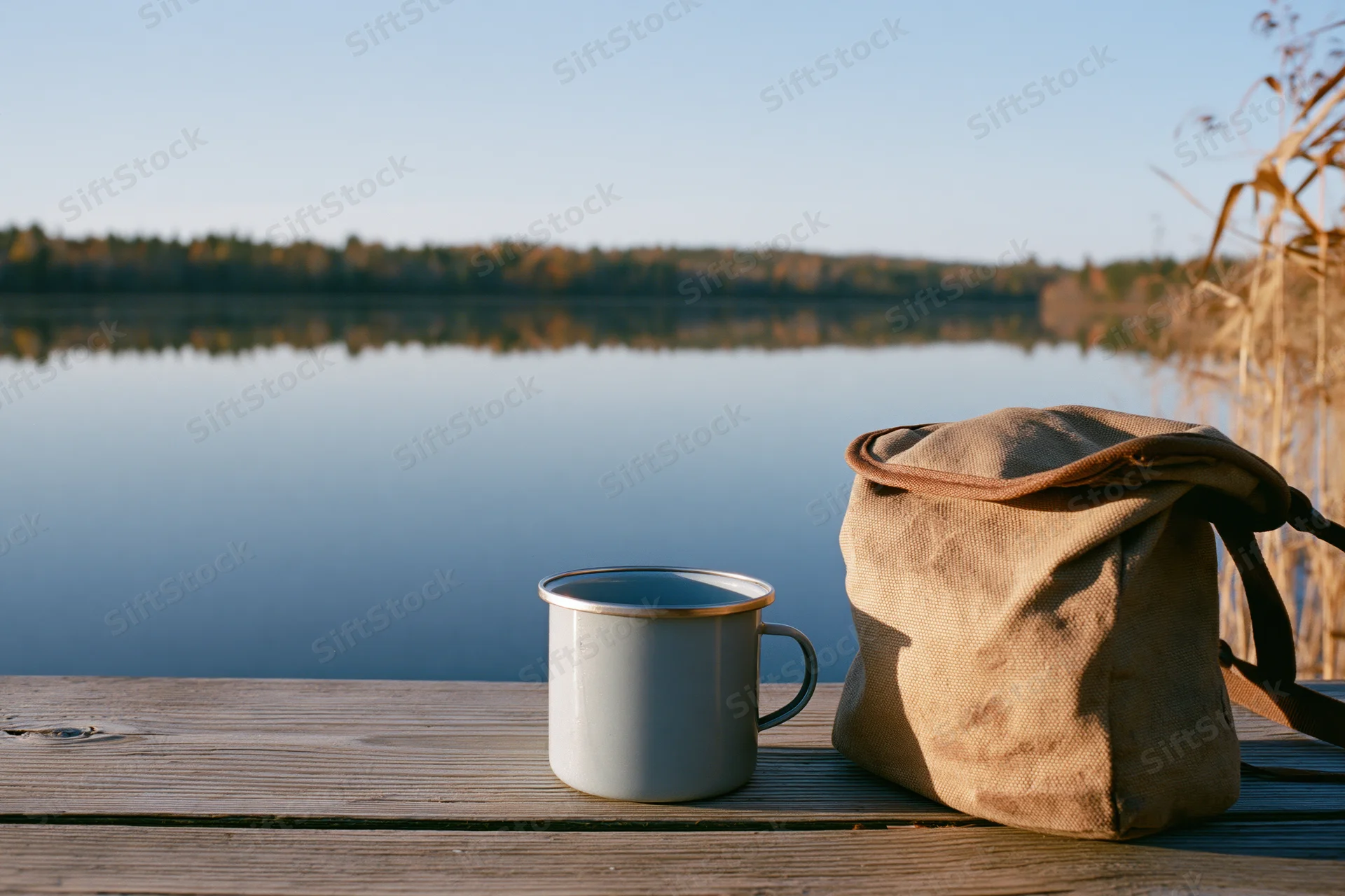 Enamel camping mug and worn canvas backpack on wooden dock by calm lake
