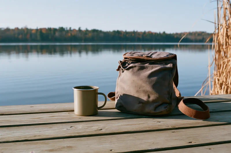 Enamel camping mug and worn canvas backpack resting on wooden dock by calm lake