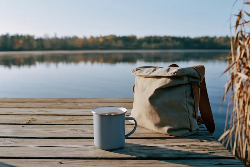 Enamel camping mug and worn canvas backpack on wooden dock by calm lake with autumn trees in background