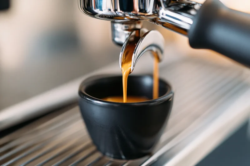 Espresso machine portafilter pulling a shot into a black cup on a metal drip tray