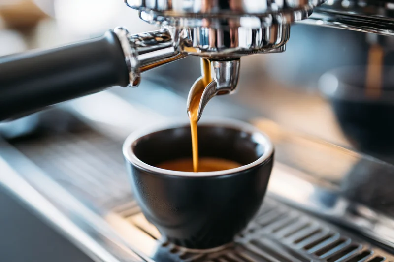 Espresso machine portafilter pulling a thin stream of coffee into a black cup on a stainless steel drip tray