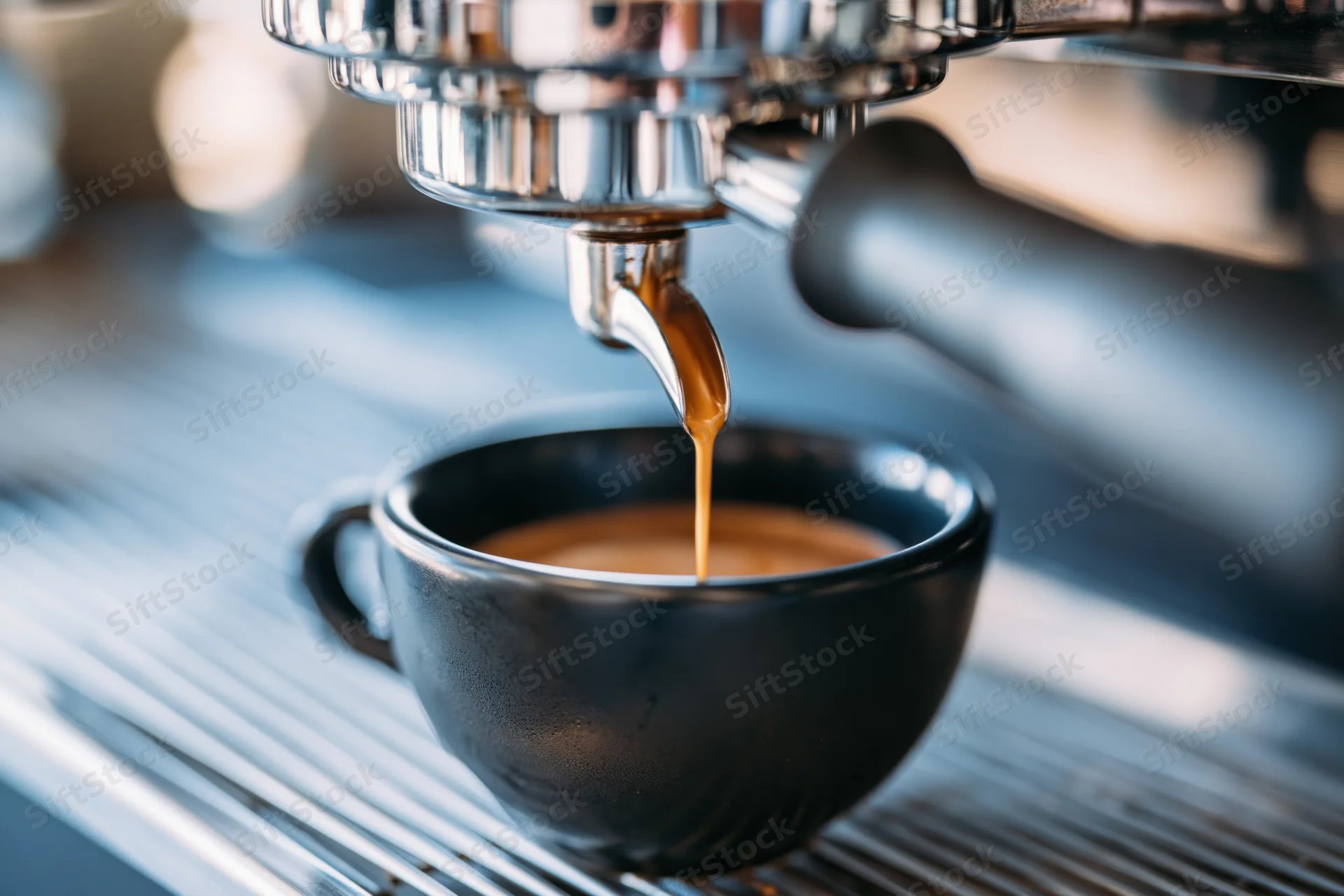 Espresso machine portafilter pulling a thin stream of coffee into a black cup on a metal counter