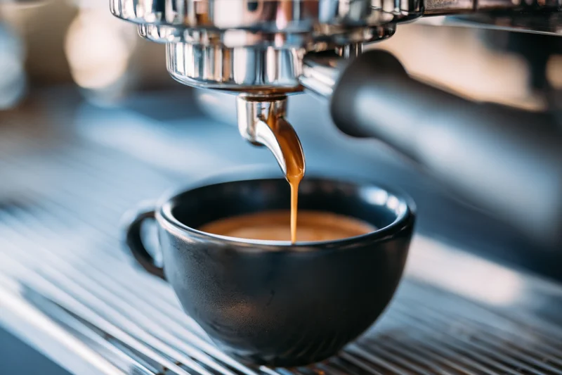Espresso machine portafilter pulling a thin stream of coffee into a black cup on a metal counter