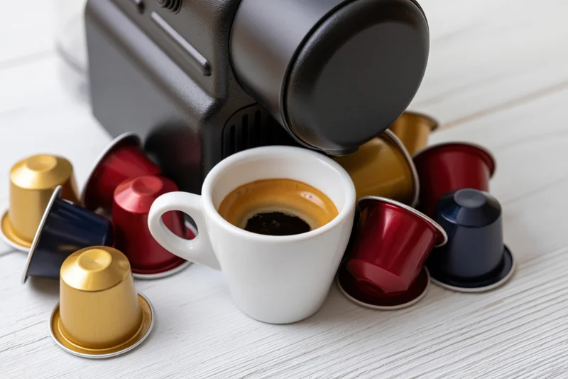 Espresso machine dispensing coffee into a white cup surrounded by colorful pods on a wooden surface