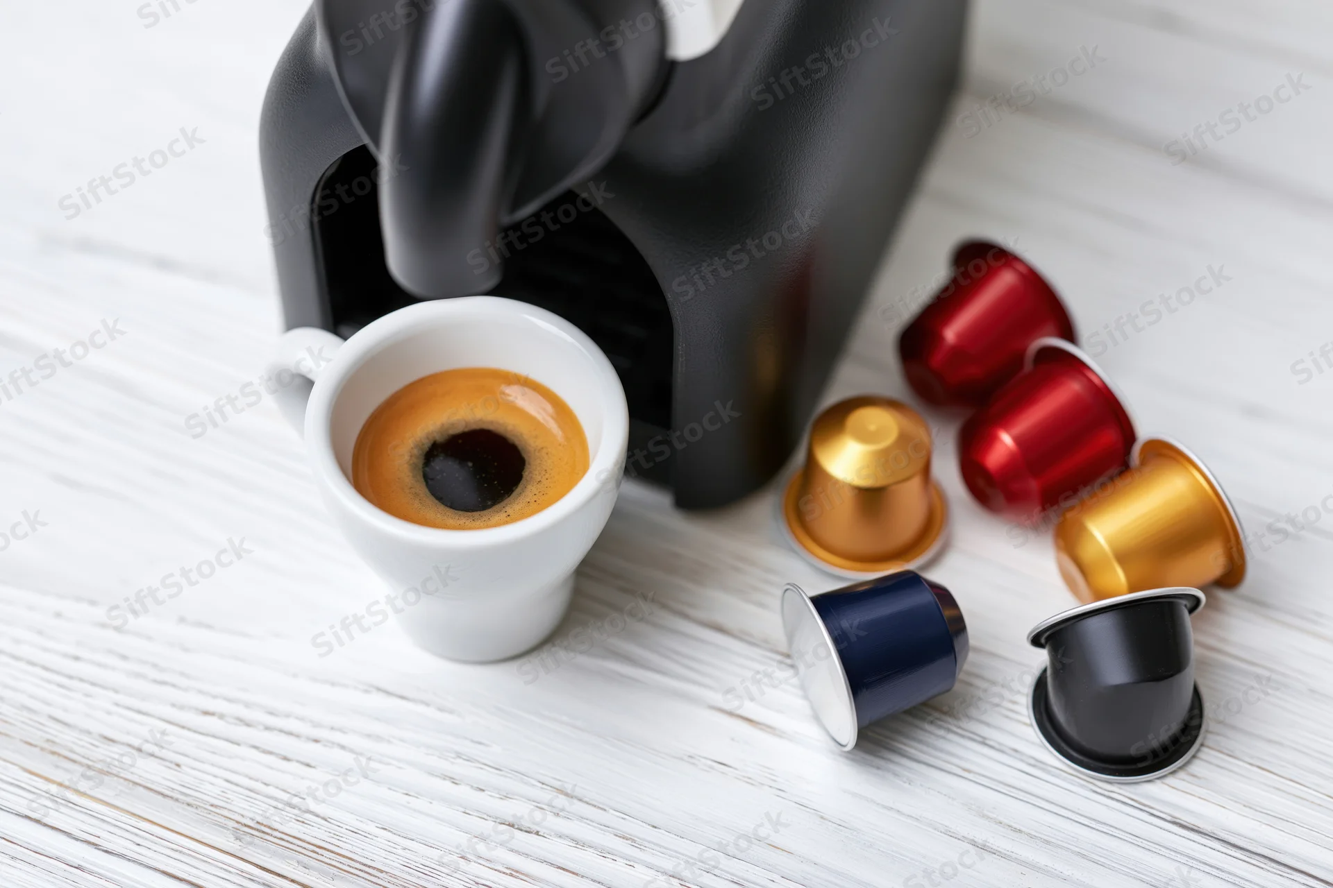 Espresso machine dispensing coffee into a white cup with colorful pods on a wooden surface