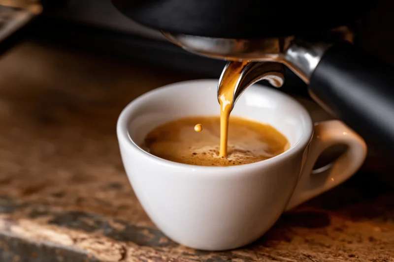 Espresso streaming from a portafilter into a white ceramic cup on a wooden countertop