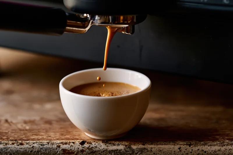 Espresso streaming from a portafilter into a white ceramic cup on a wooden countertop