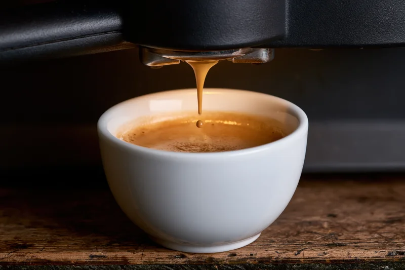 Espresso streaming from a portafilter into a white ceramic cup on a wooden surface