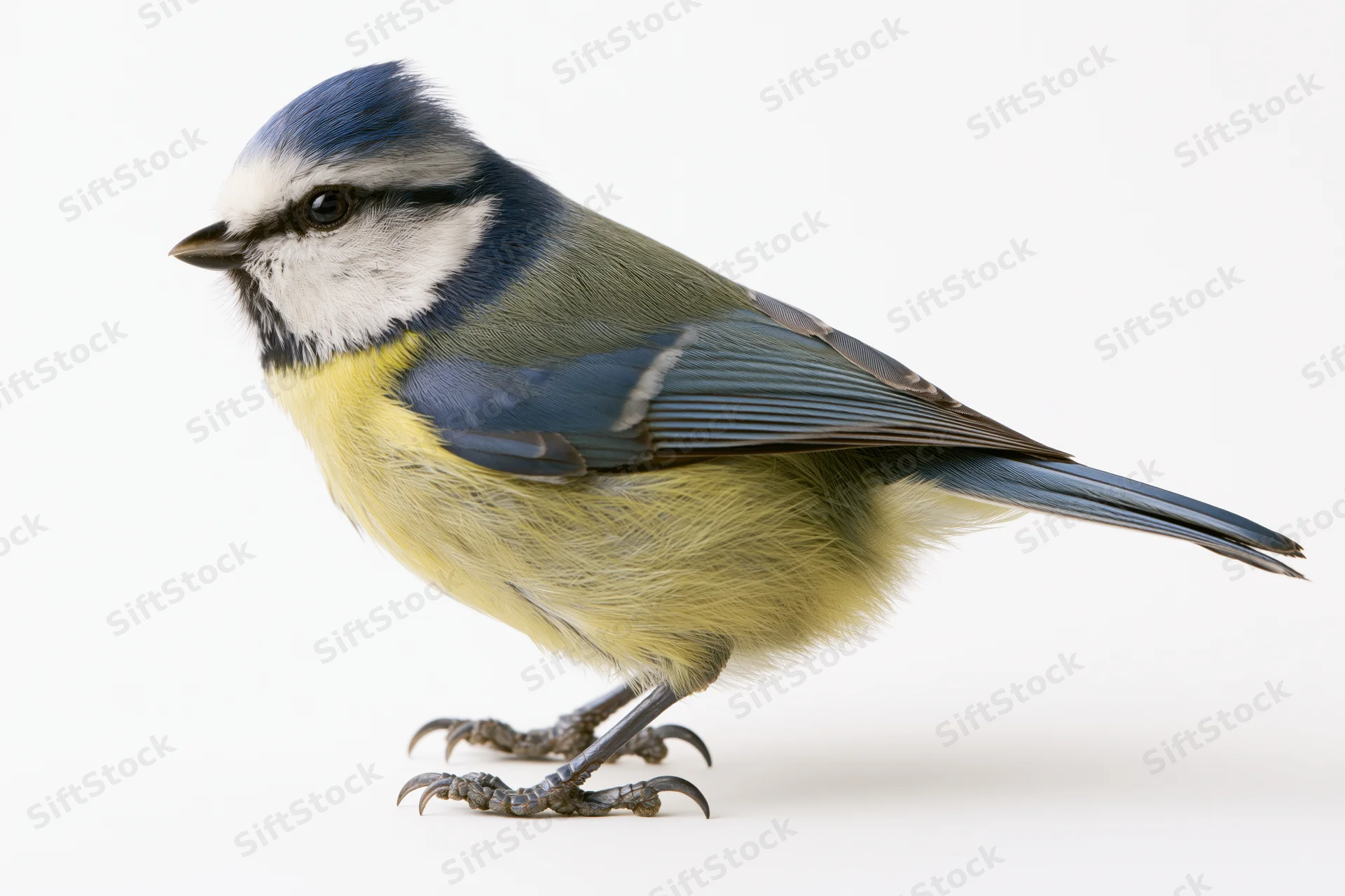 Eurasian blue tit perched in profile facing right on white background