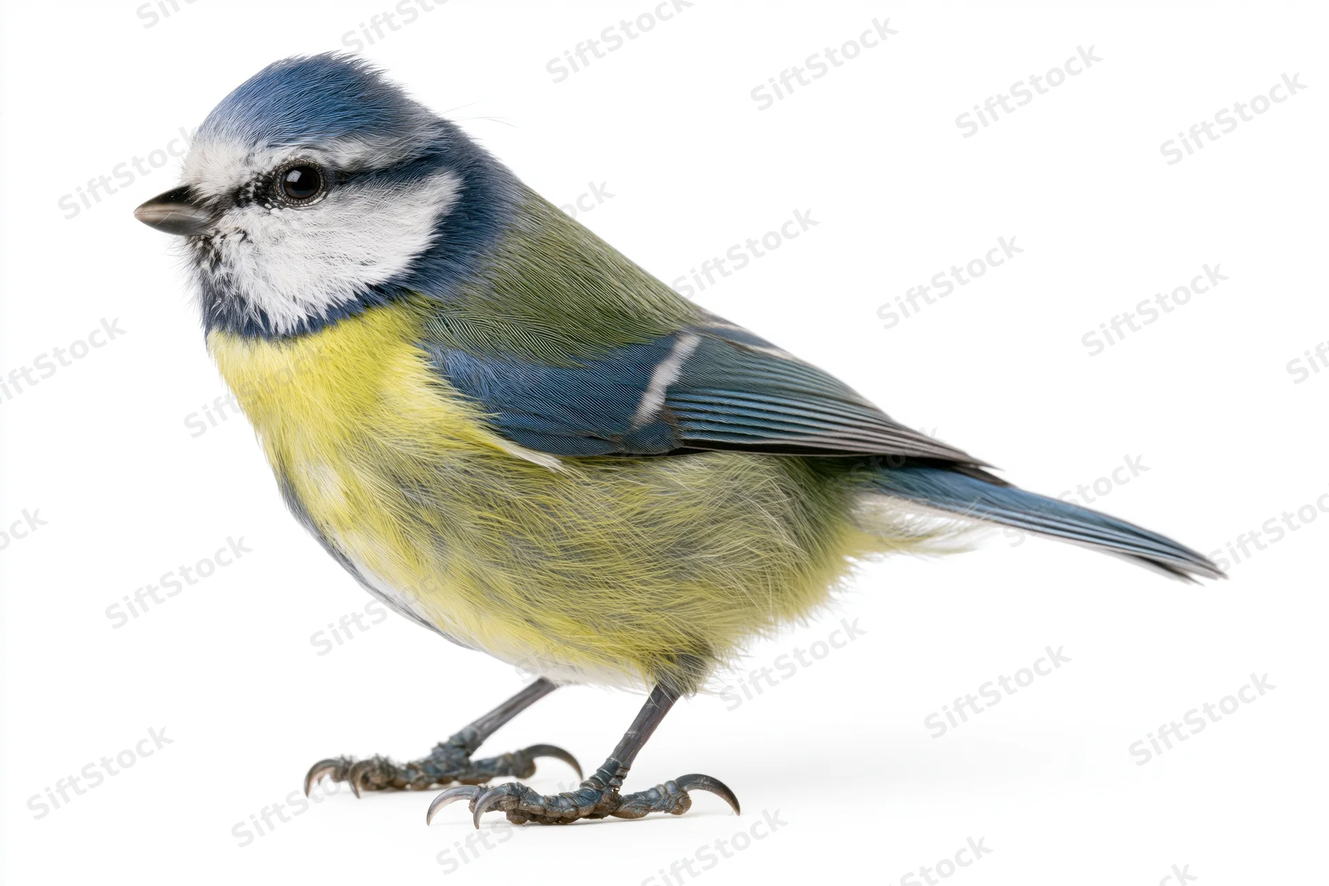 Eurasian blue tit perched in profile facing right on white background