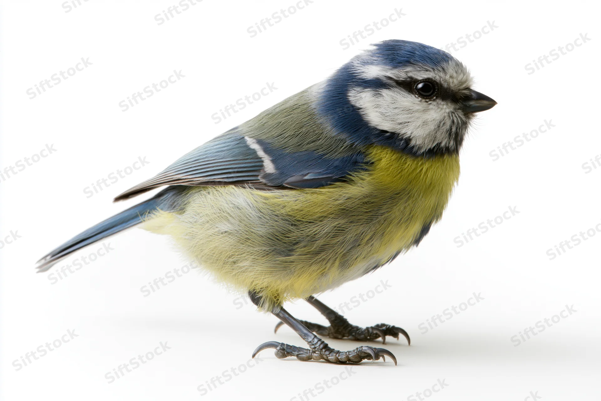 Eurasian blue tit perched in profile facing right on white background