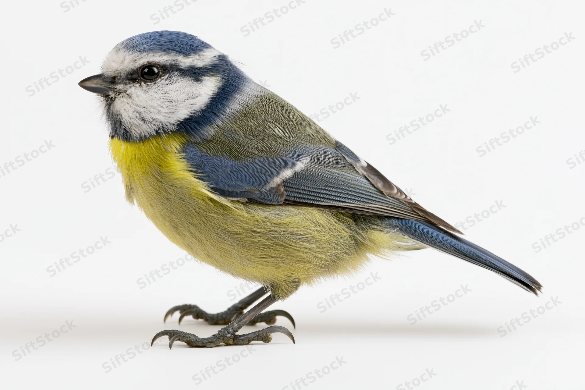 Eurasian blue tit perched in profile facing right on white background