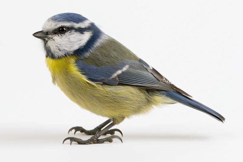 Eurasian blue tit perched in profile facing right on white background