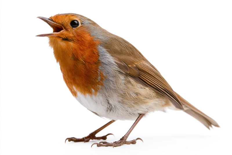 European robin perched and singing with beak open on white background