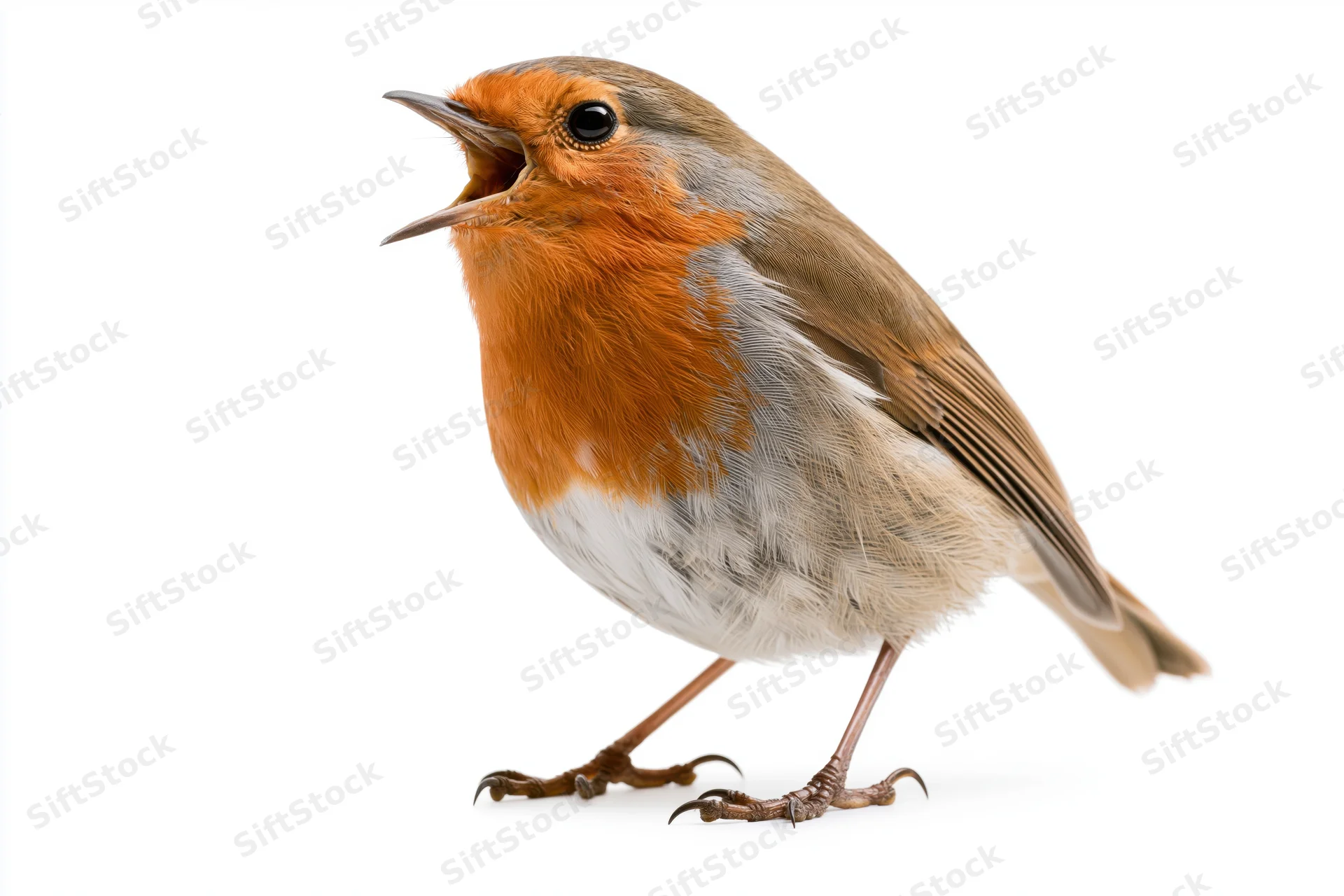 European robin singing with beak open isolated on white background