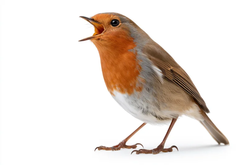 European robin singing with open beak isolated on white background