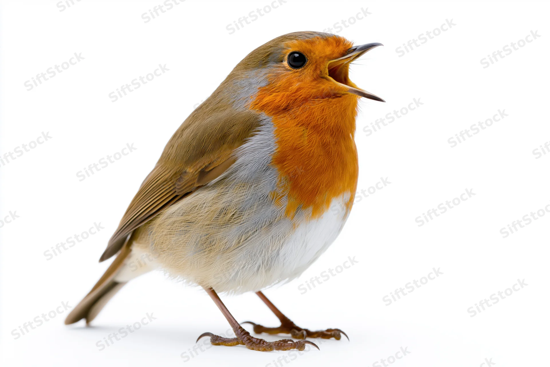 European robin perched and singing with beak open on white background