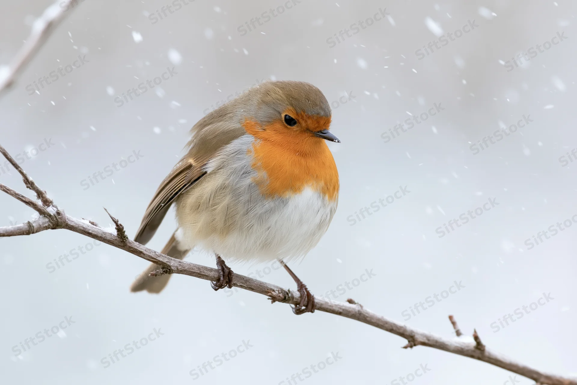 European robin perched on a bare branch during snowfall