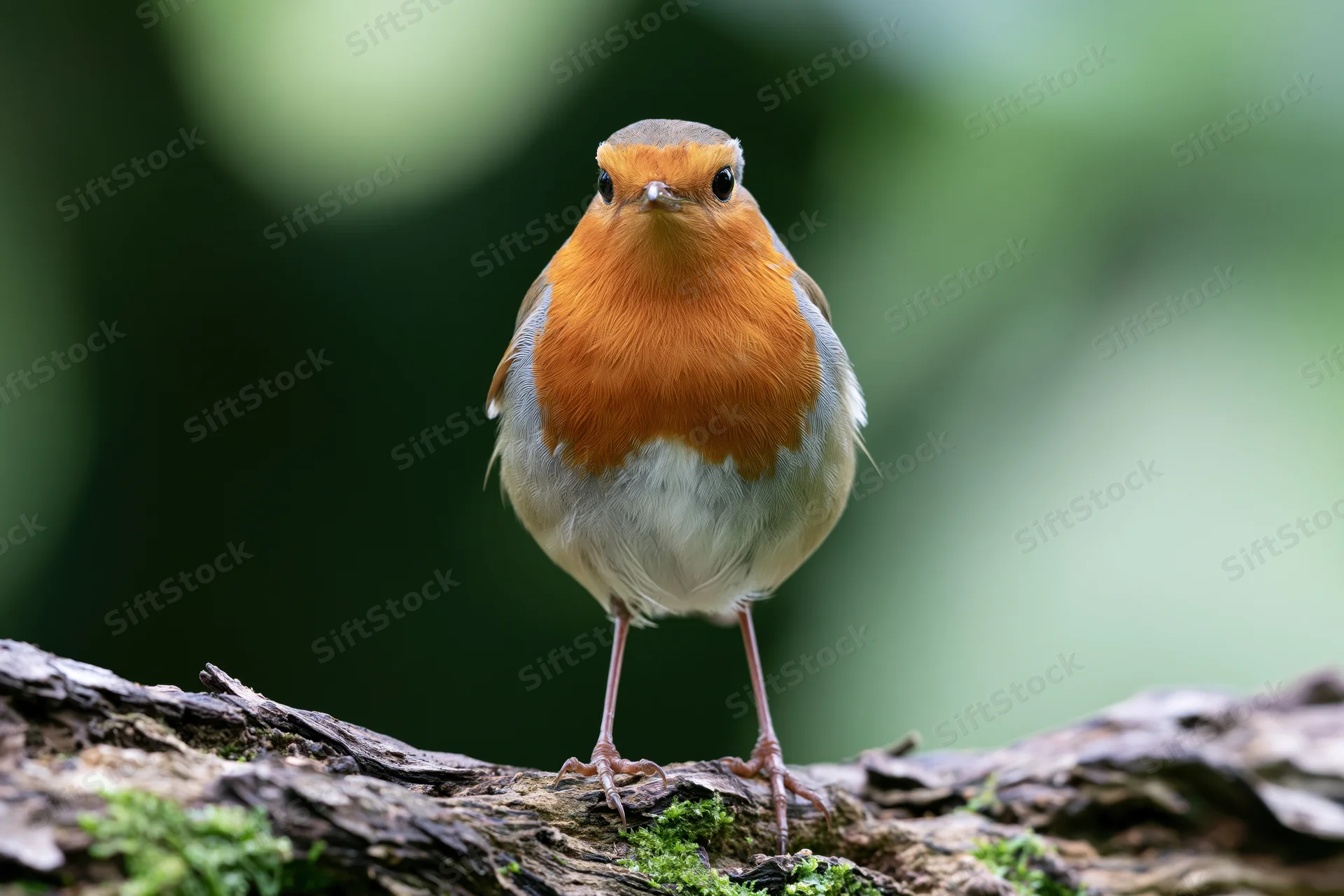 European robin perched upright on a mossy decaying log facing forward in a forest setting