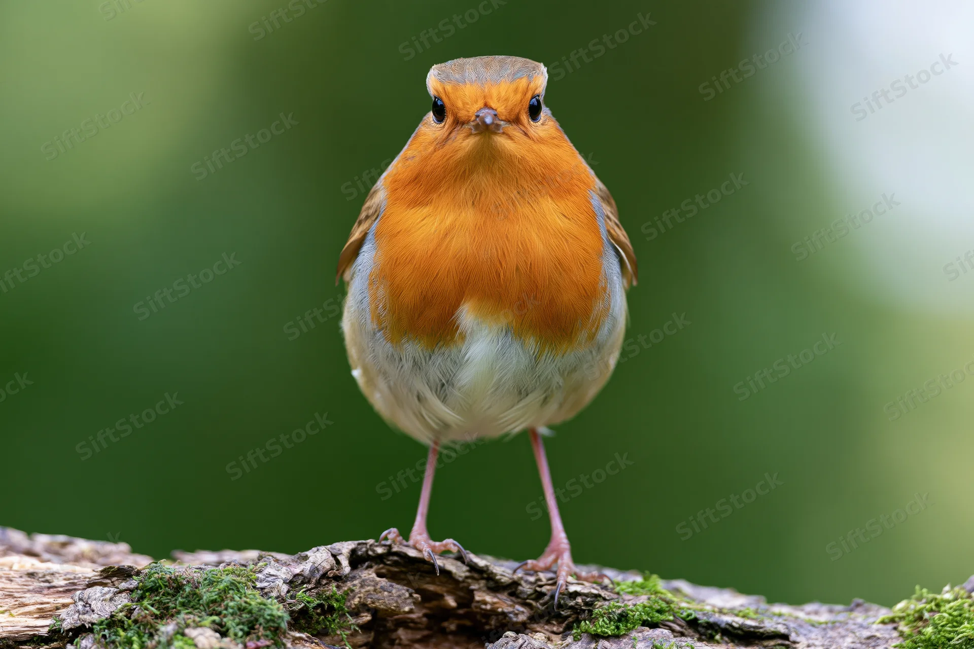 European robin perched upright on a mossy decaying log facing forward in a green forest setting