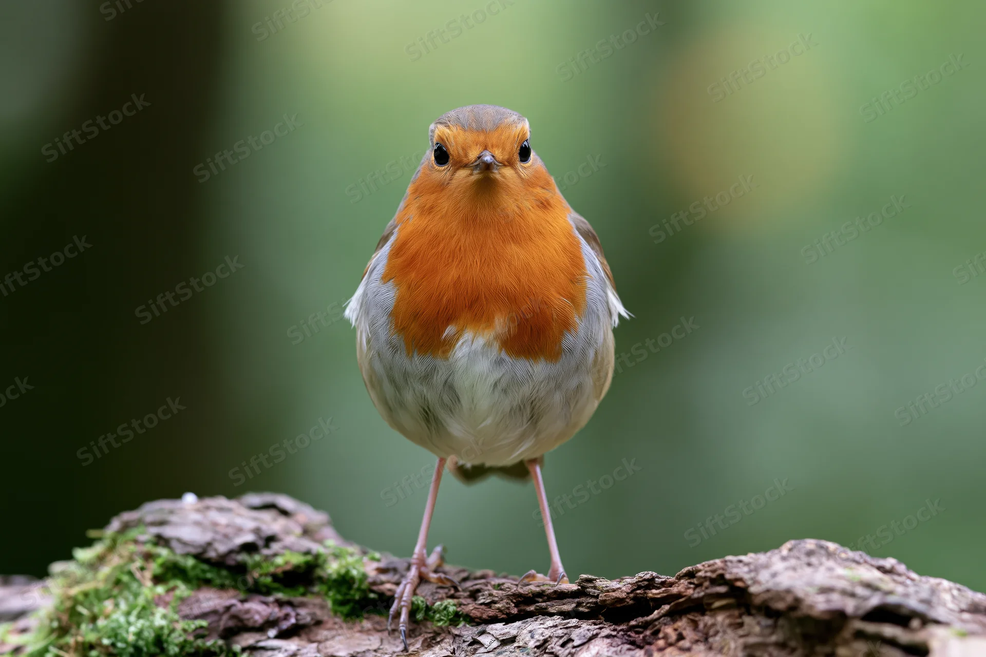 European robin perched upright on a mossy decaying log facing forward in a forest setting