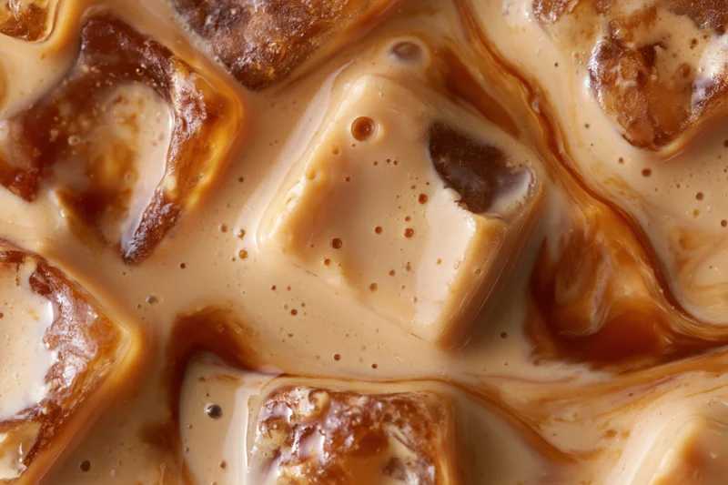 Closeup of iced coffee surface with floating ice cubes and creamy swirls