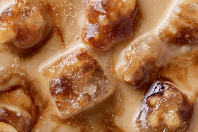 Closeup of iced coffee surface with floating ice cubes and creamy froth