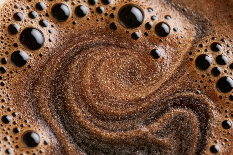 Extreme close-up overhead view of swirling black coffee foam with bubbles and texture