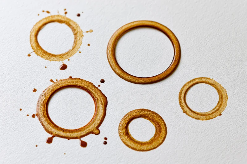 Coffee cup ring stains of varying sizes scattered across a white textured surface