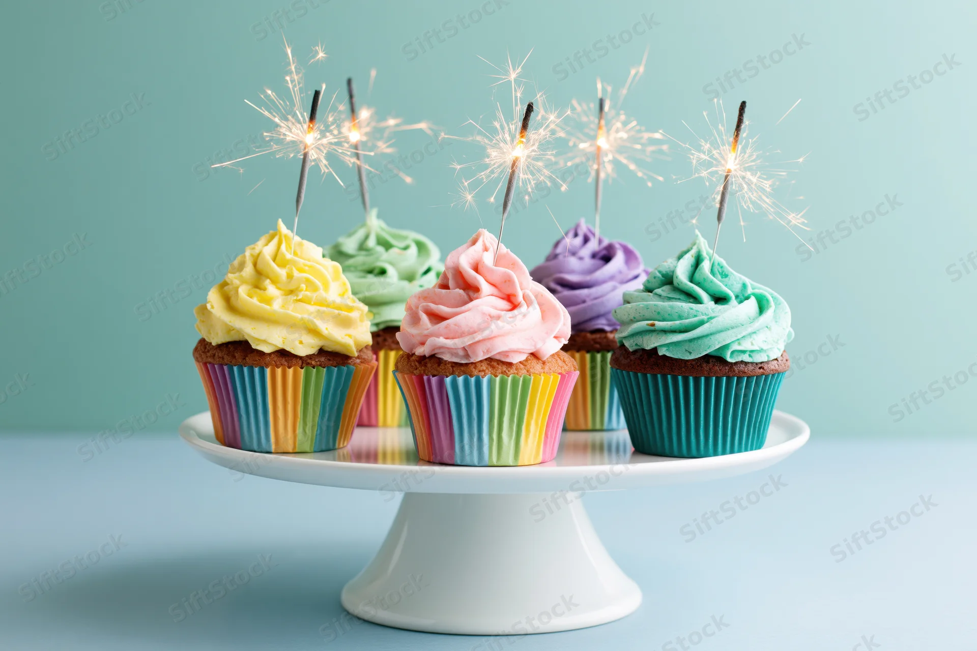 Five colorful frosted cupcakes with sparklers on a white ceramic cake stand
