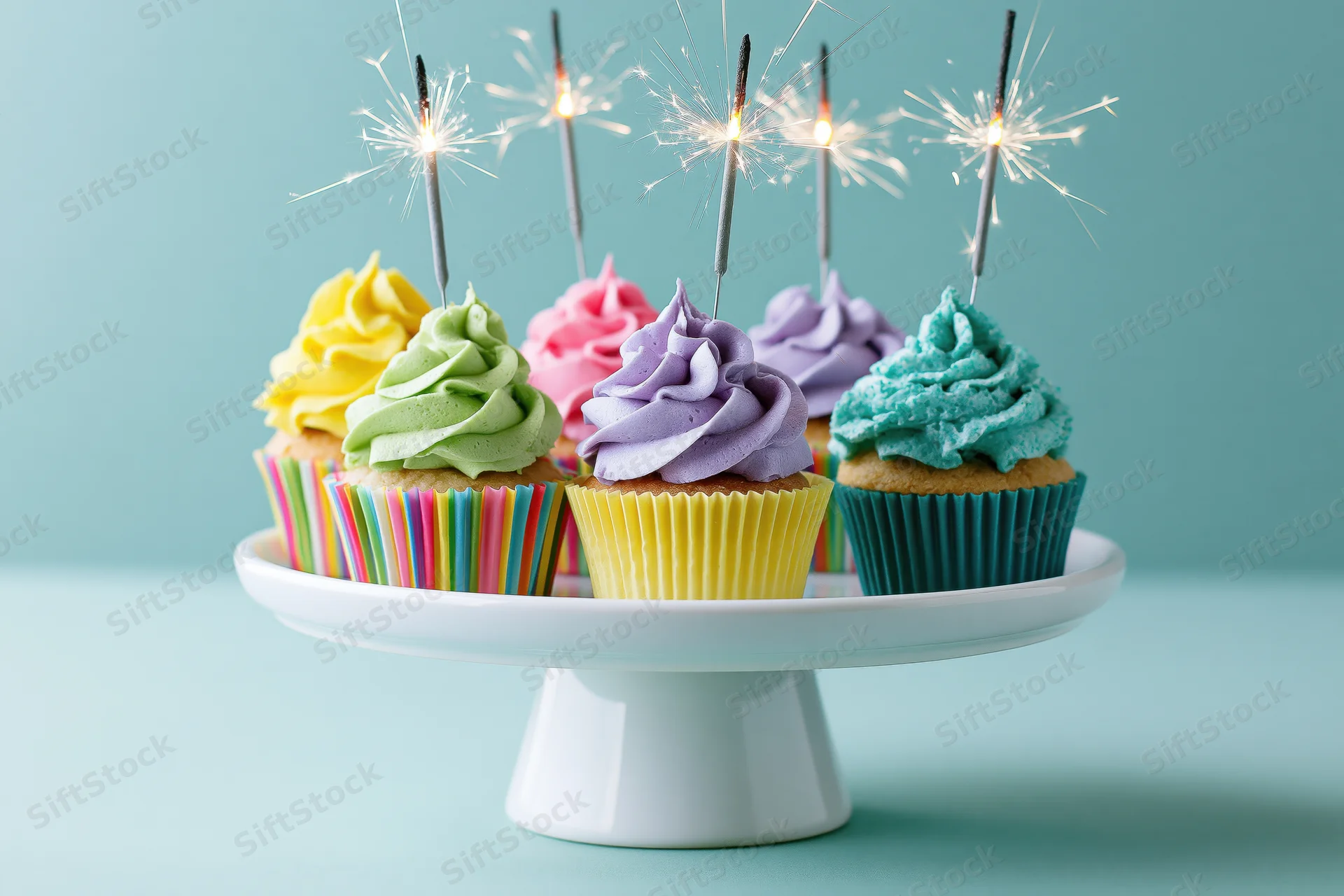 Colorful frosted cupcakes with sparklers on a white ceramic cake stand