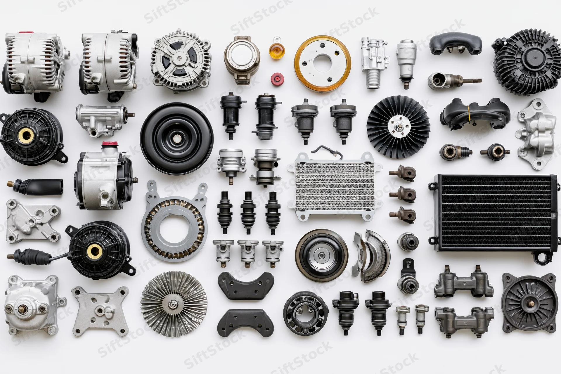 Assorted automotive spare parts arranged in grid on white background